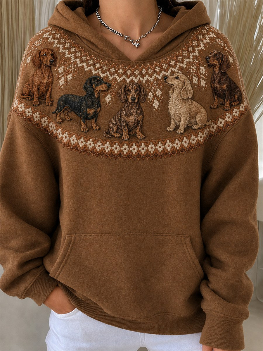 Damens vintage hundtröja med tecknat dachshund-mönster, mysig oversized hoodie