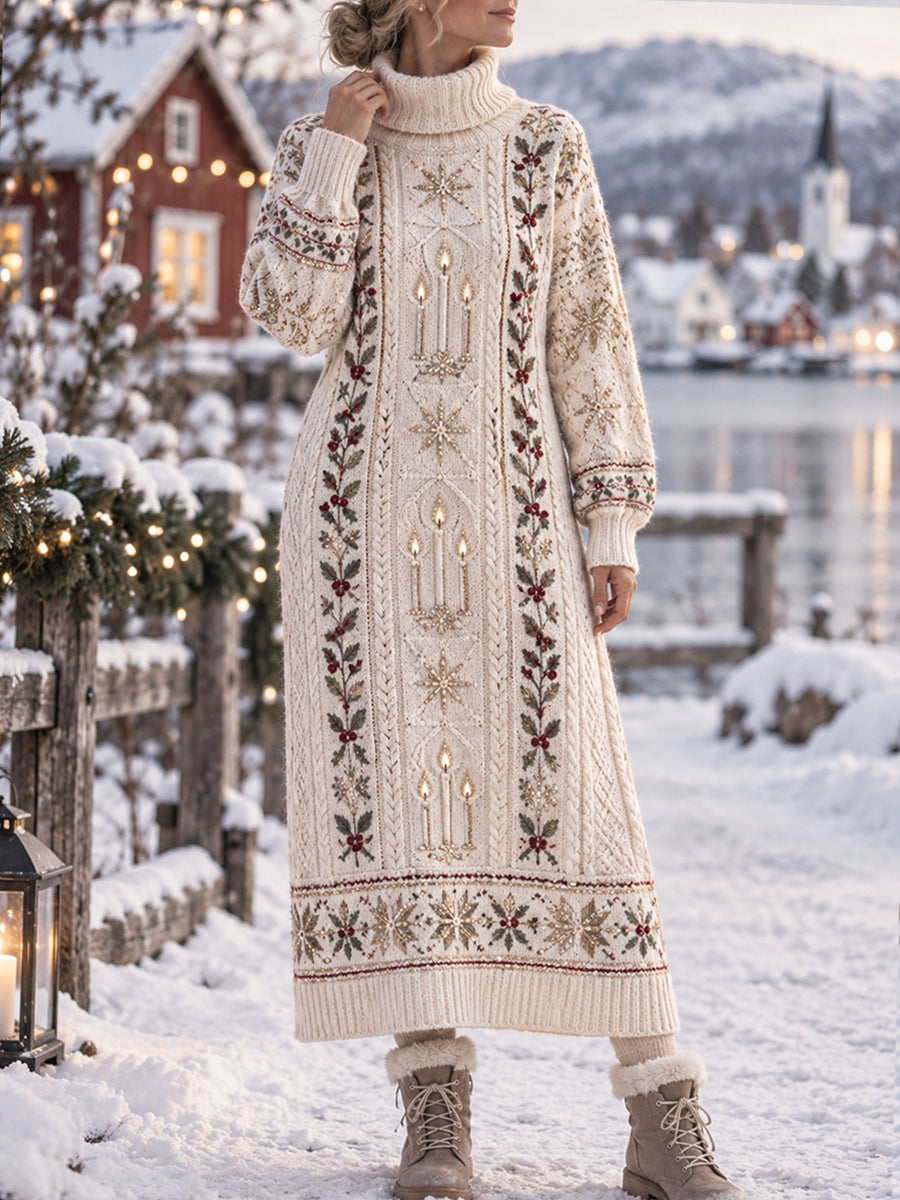 Kvinnlig vintage Luciafestklänning med ljuslyktor och blommönster, klassisk hög hals