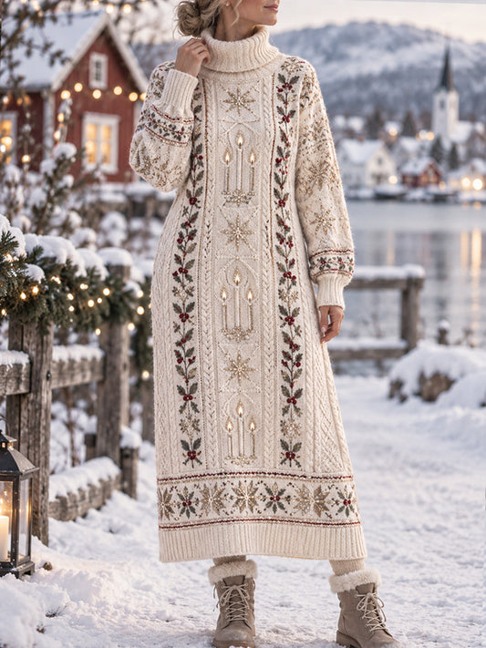 Kvinnlig vintage Luciafestklänning med ljuslyktor och blommönster, klassisk hög hals