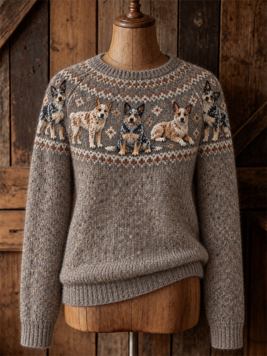Kvinnors Vintage nötkreatur hundar Yoke Isle Print besättning hals tröjar