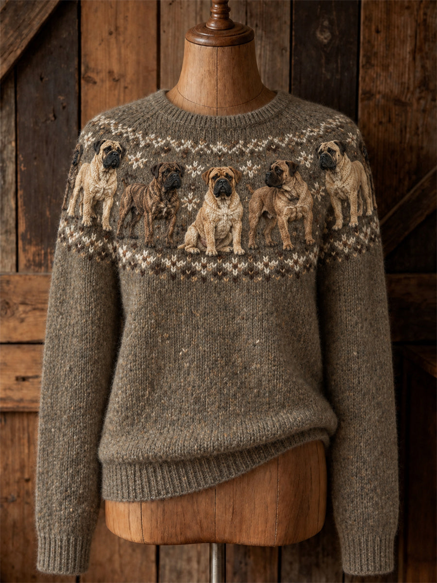 Kvinnors Vintage Mastiff hundar Yoke Isle Print besättning hals tröjar