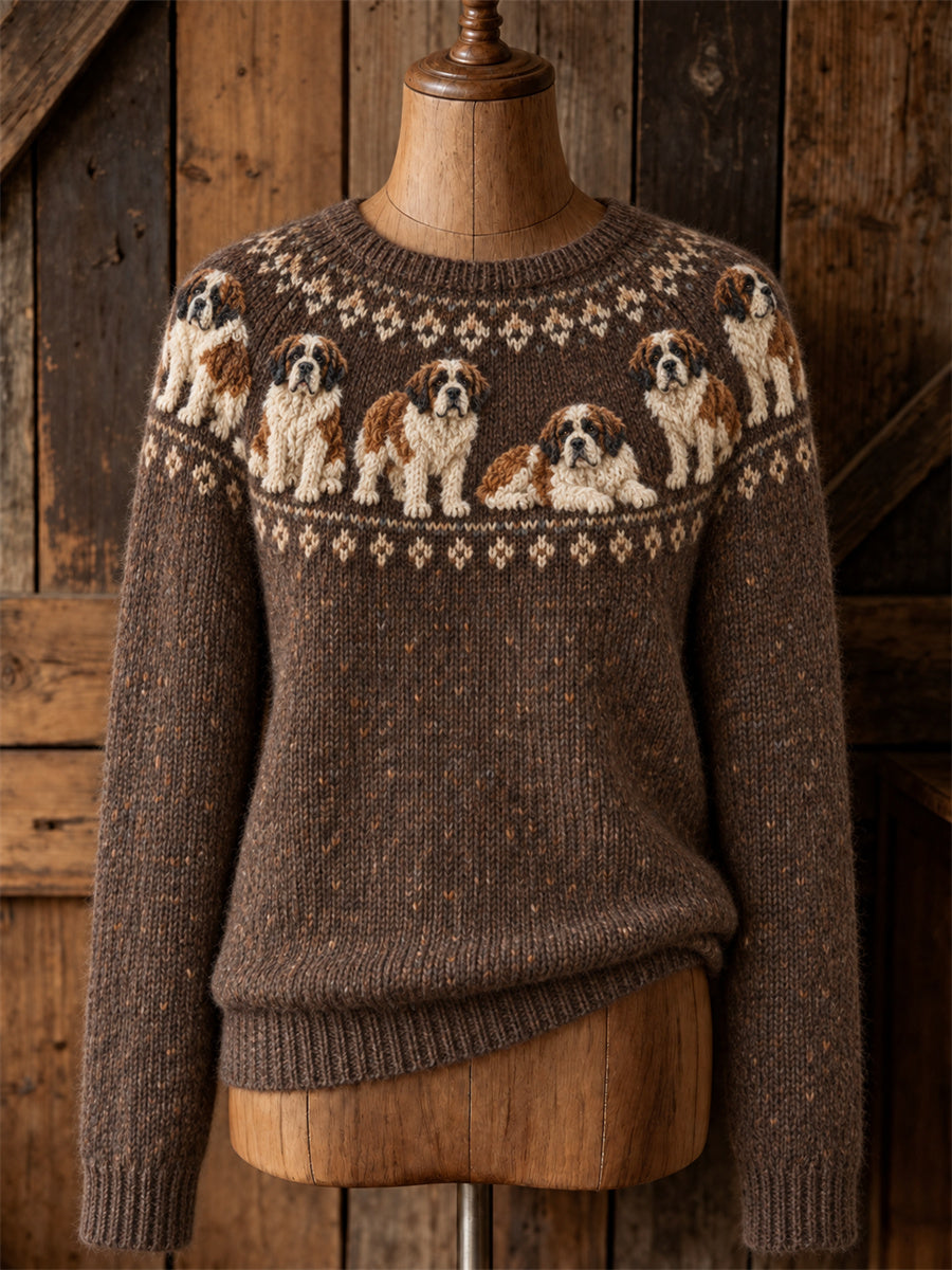 Kvinnors Vintage Saint Bernard Dogs Yoke Isle Print besättning hals tröjar