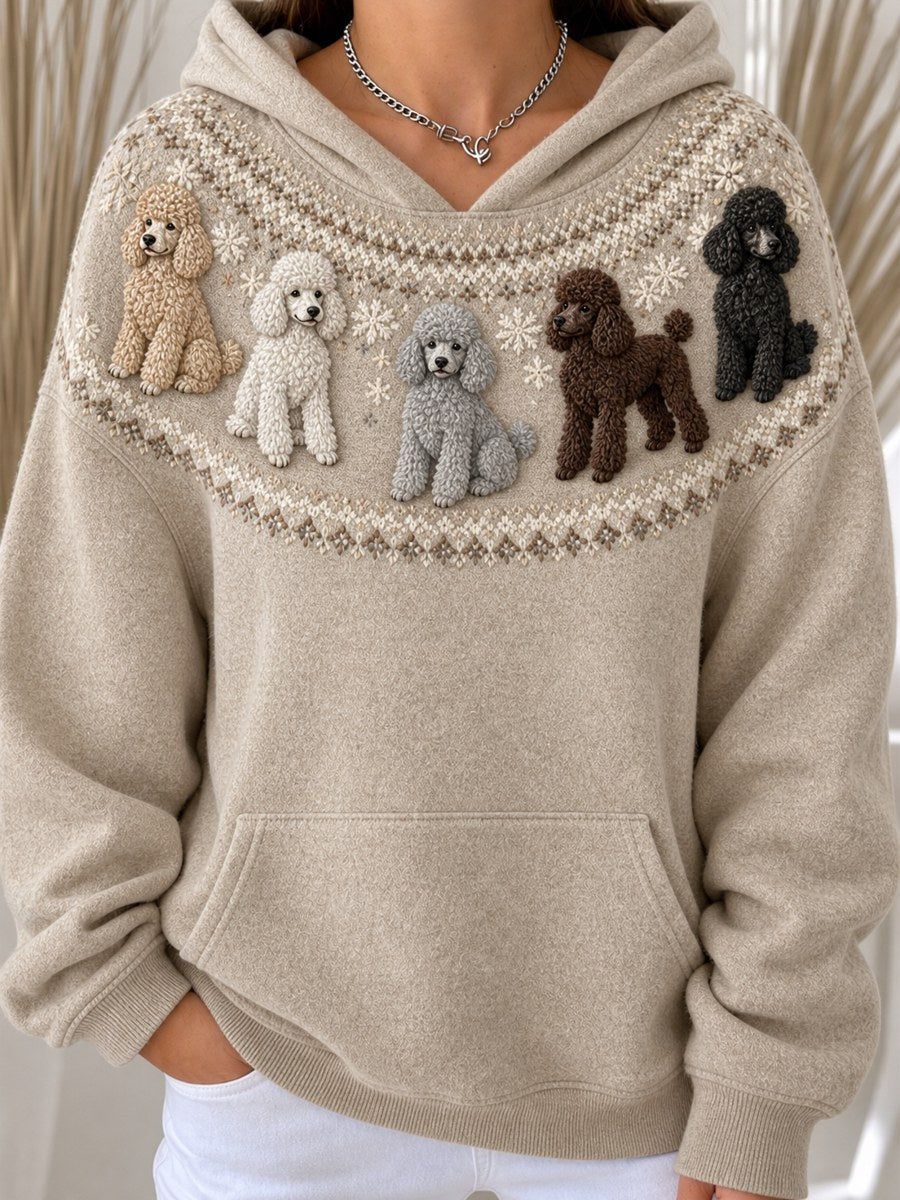Kvinnors Vintage Poodle hundar Yoke Isle Print Mysig Hoodie Print