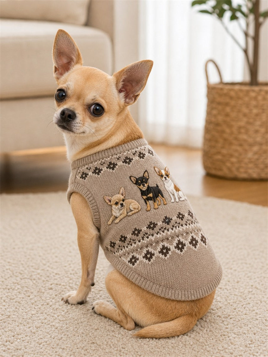 Vintage hundhalsduk med chihuahua-mönster, ärmfri väst för husdjur