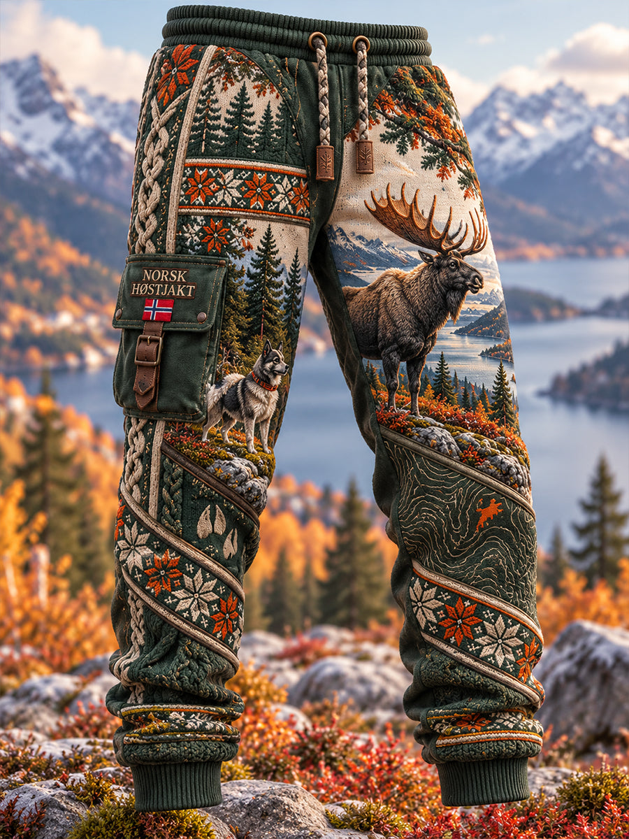 Herre-elegante joggingbukser med norsk jaktmotiv, uformell stil